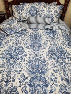 Lauren Ralph Lauren Queen comforter set, Curtains Vtg Rare Blue Ivory Damask EUC